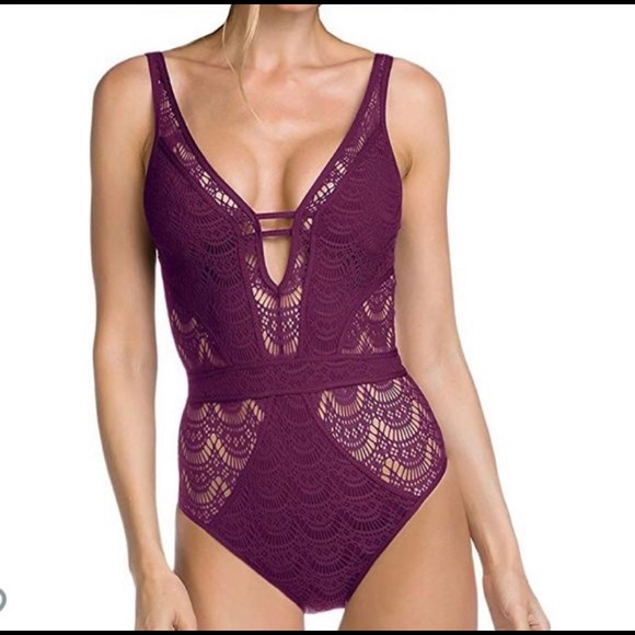 Becca color play crochet plunging one piece Merlot - Picture 2 of 8